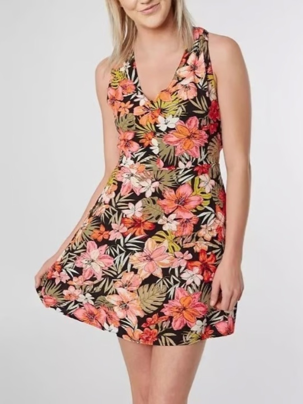 Billabong V-Neck Mini Dress in Black with Pink & Orange Floral